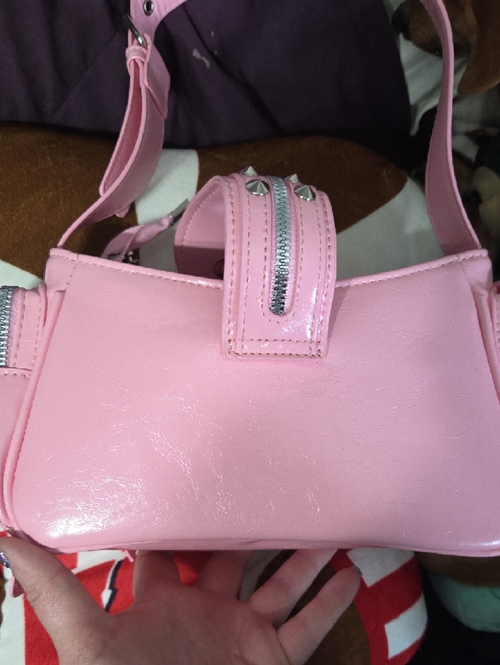 Studded Pink Shoulder Bag with Buckle Accent - Picture 5 of 6